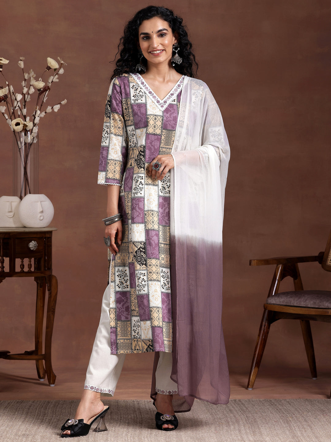 Off white Printed Cotton Straight Suit With Dupatta