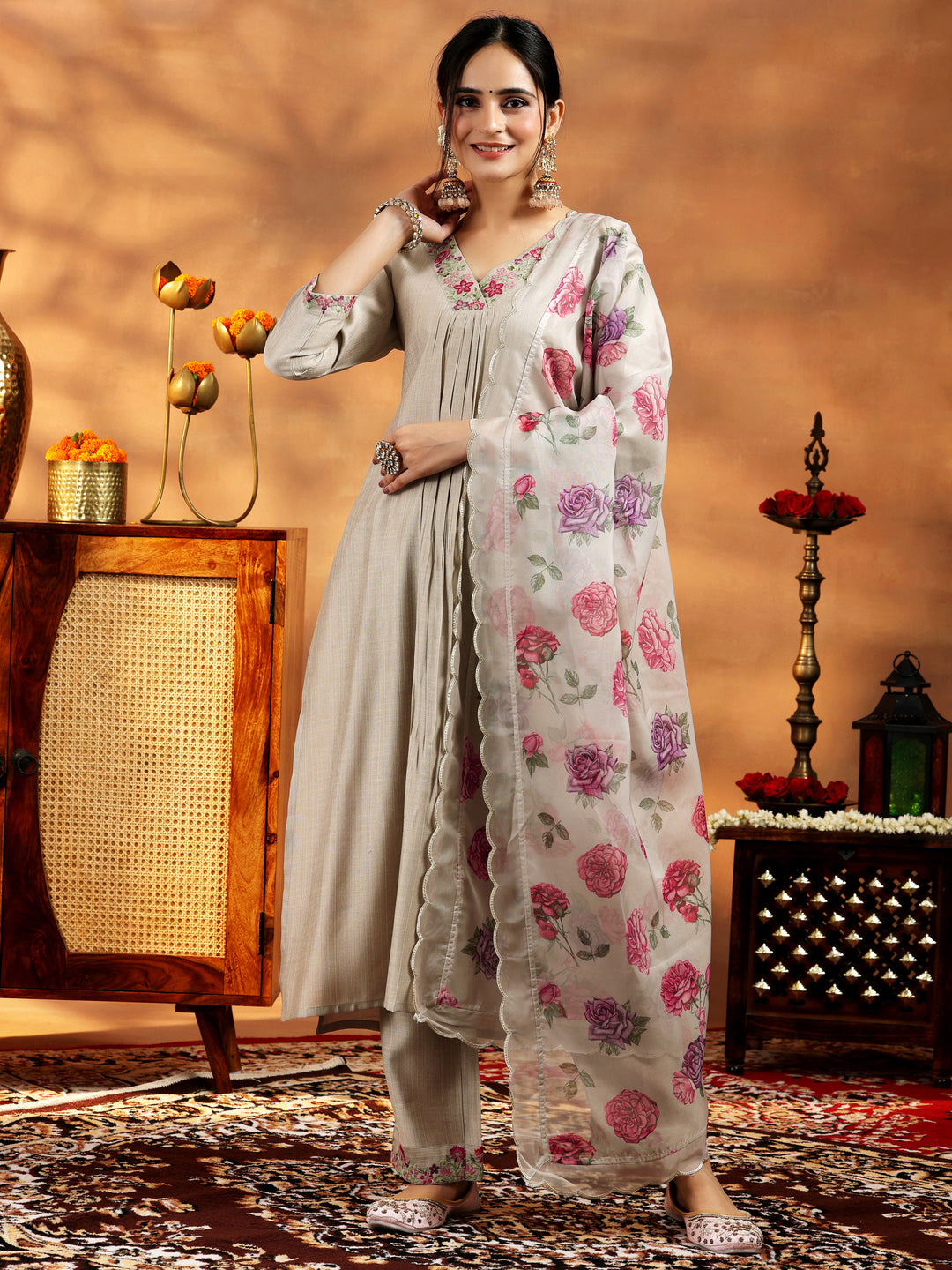 Beige Yoke Design Silk Blend Straight Suit With Dupatta