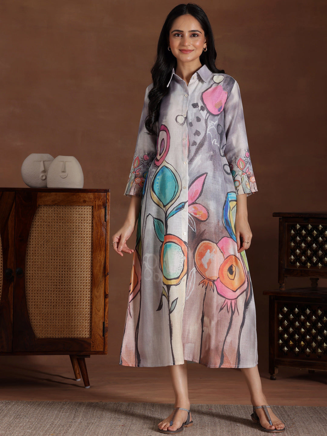 Grey Printed Cotton Blend Shirt Dress