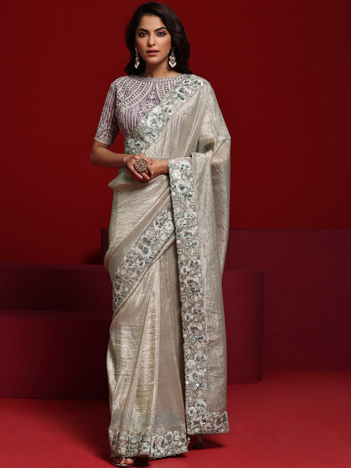 Libas Art Pink Embellished Tissue Saree With Unstitched Blouse Piece