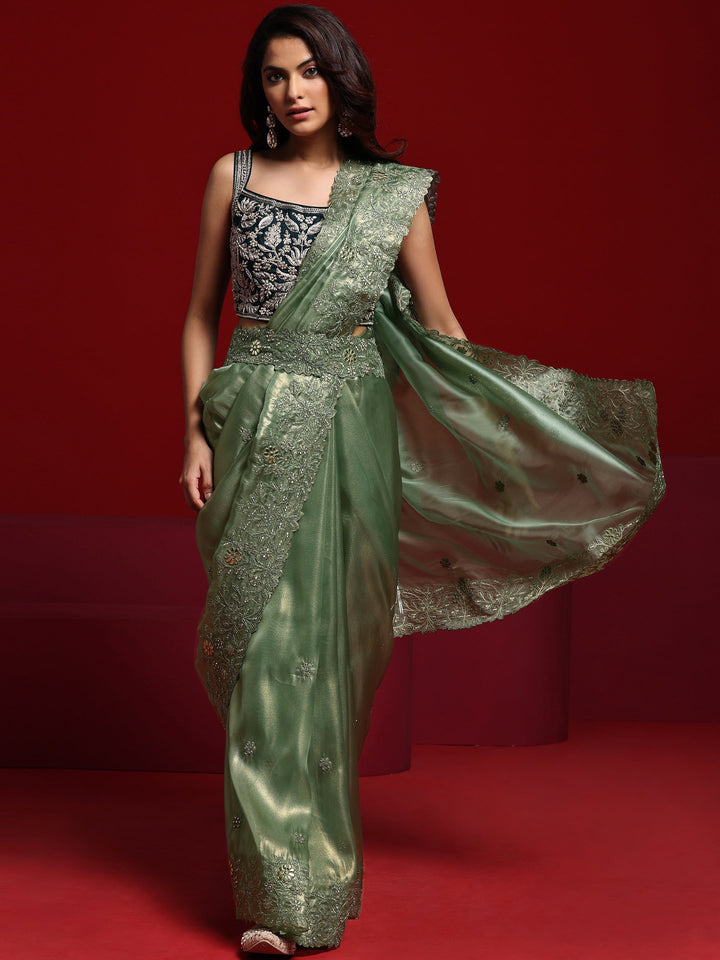 Libas Art Green Embroidered Silk Blend Saree With Unstitched Blouse Piece