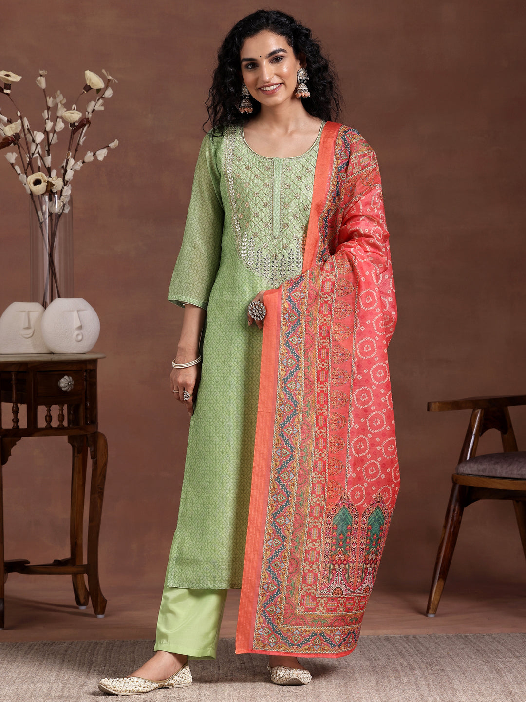 Green Printed Silk Blend Straight Suit With Dupatta