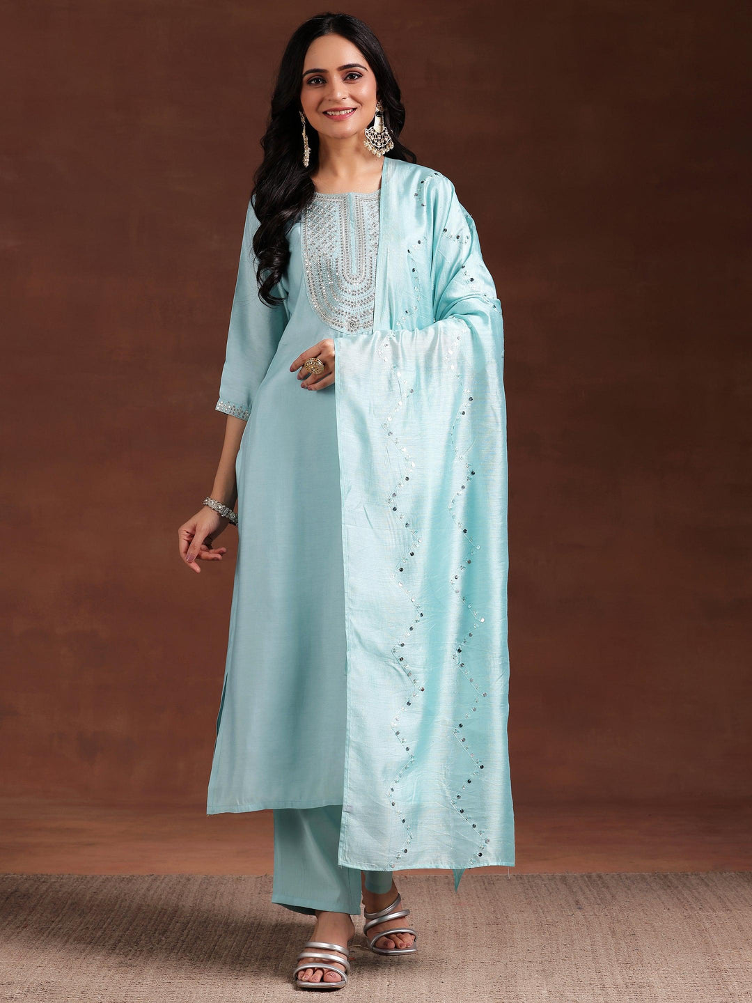 Blue Yoke Design Silk Blend Straight Suit With Dupatta