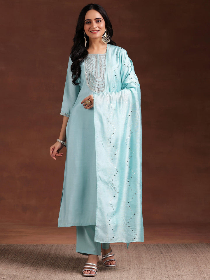 Blue Yoke Design Silk Blend Straight Suit With Dupatta