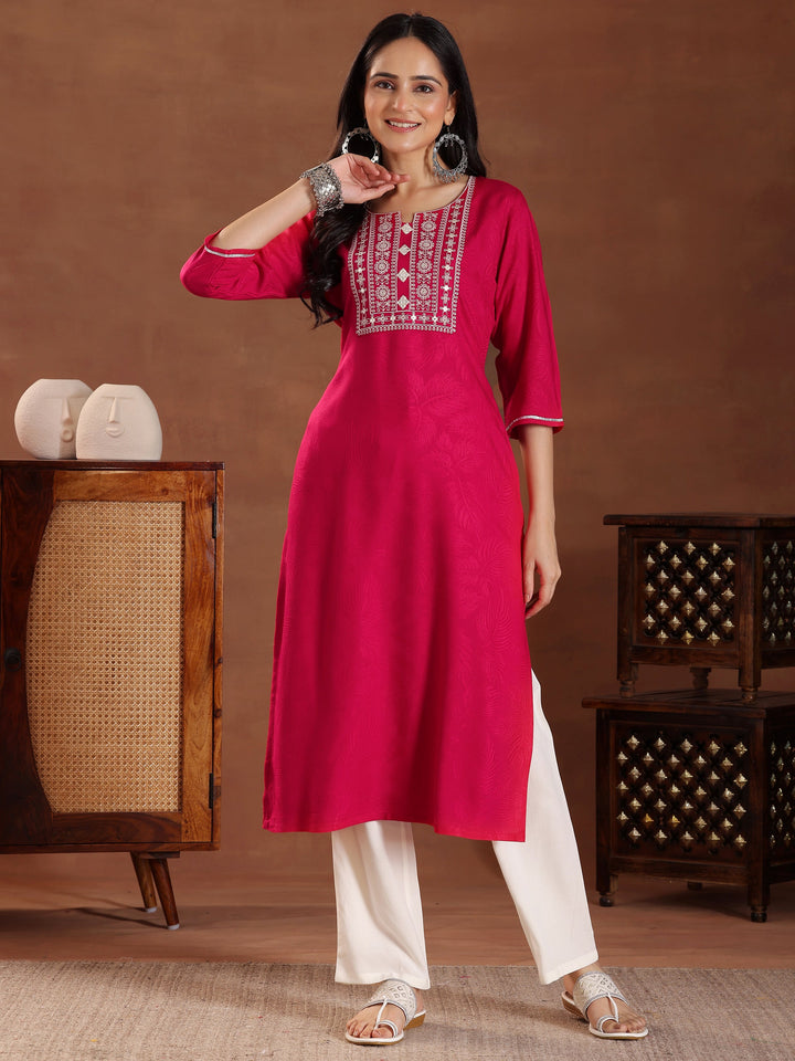 Pink Printed Rayon Straight Kurta