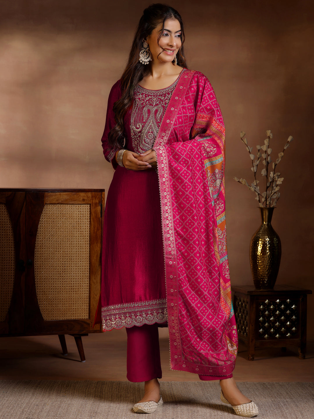 Red Embroidered Silk Blend Straight Suits With Dupatta