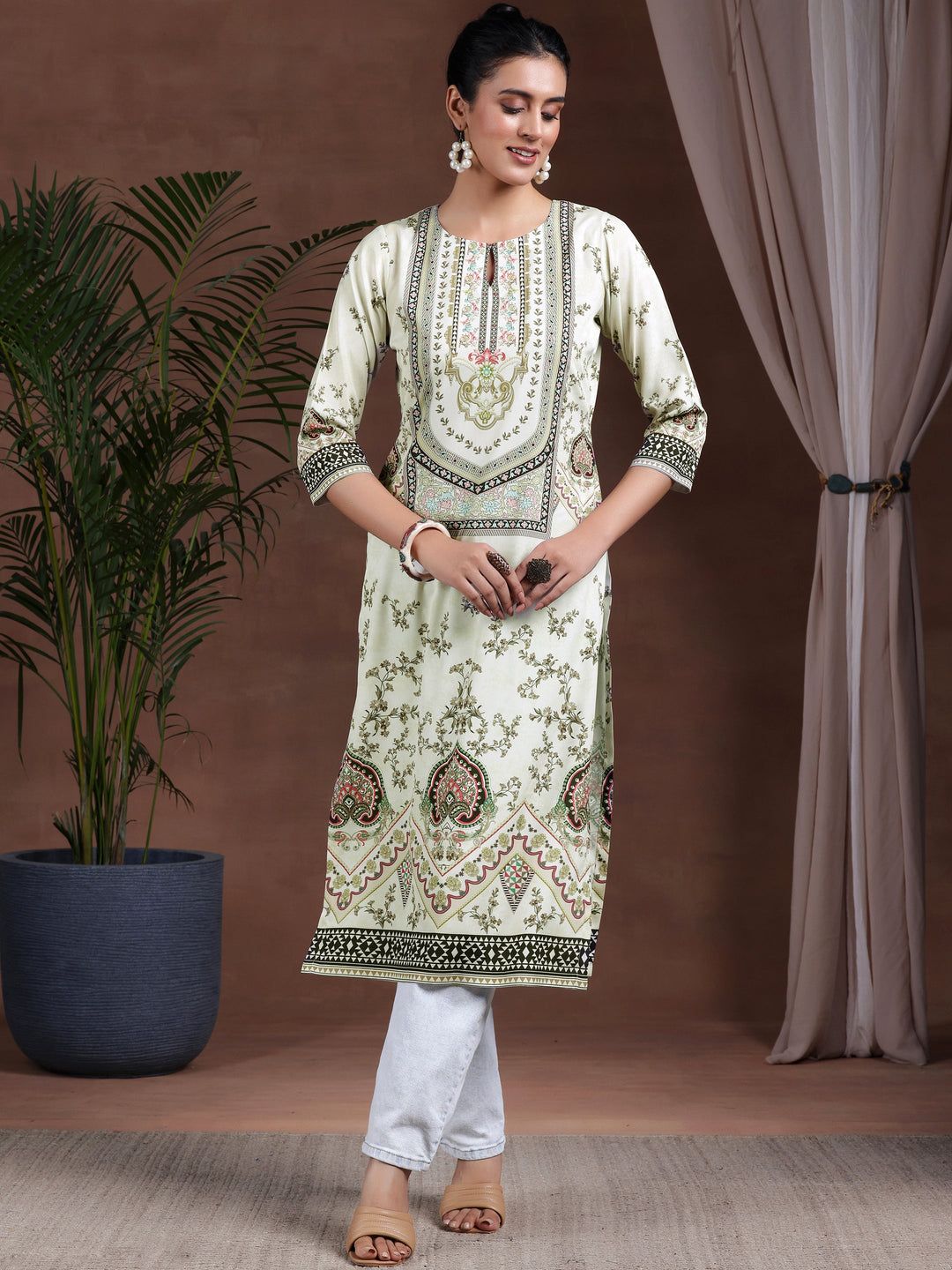 Beige Printed Crepe Straight Kurta