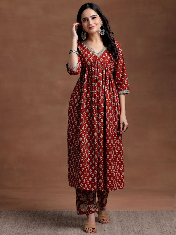 Rust Printed Cotton A-Line Kurta With Palazzos