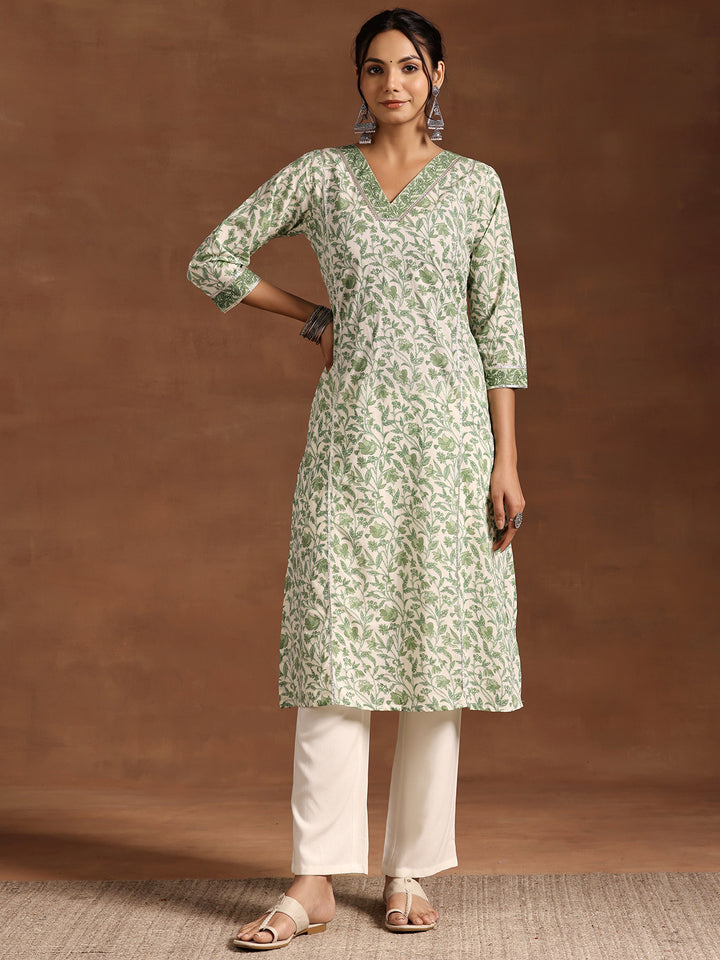 Green Printed Cotton Straight Kurta