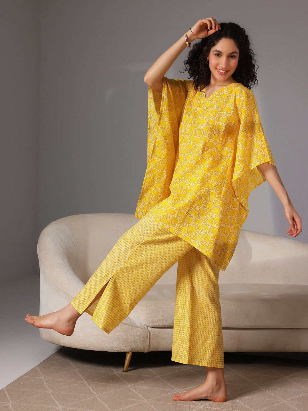 Yellow Printed Cotton Night Suits