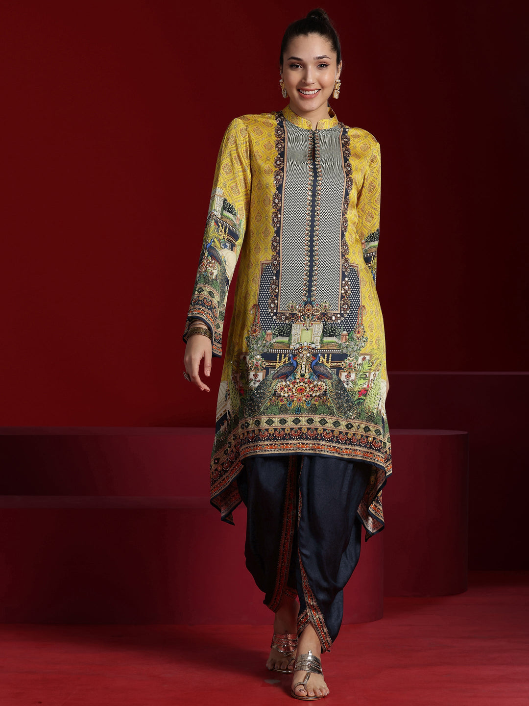 Libas Art Mustard Printed Silk Blend Straight Kurta With Dhoti Pants