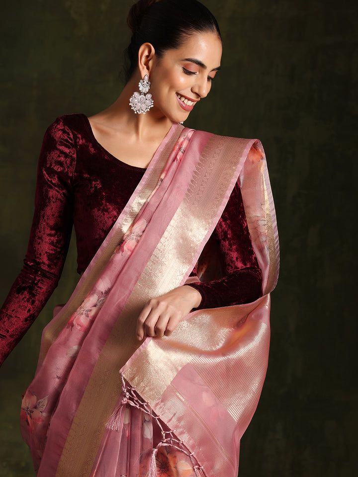 Mauve Printed Organza Saree With Unstitched Blouse Piece