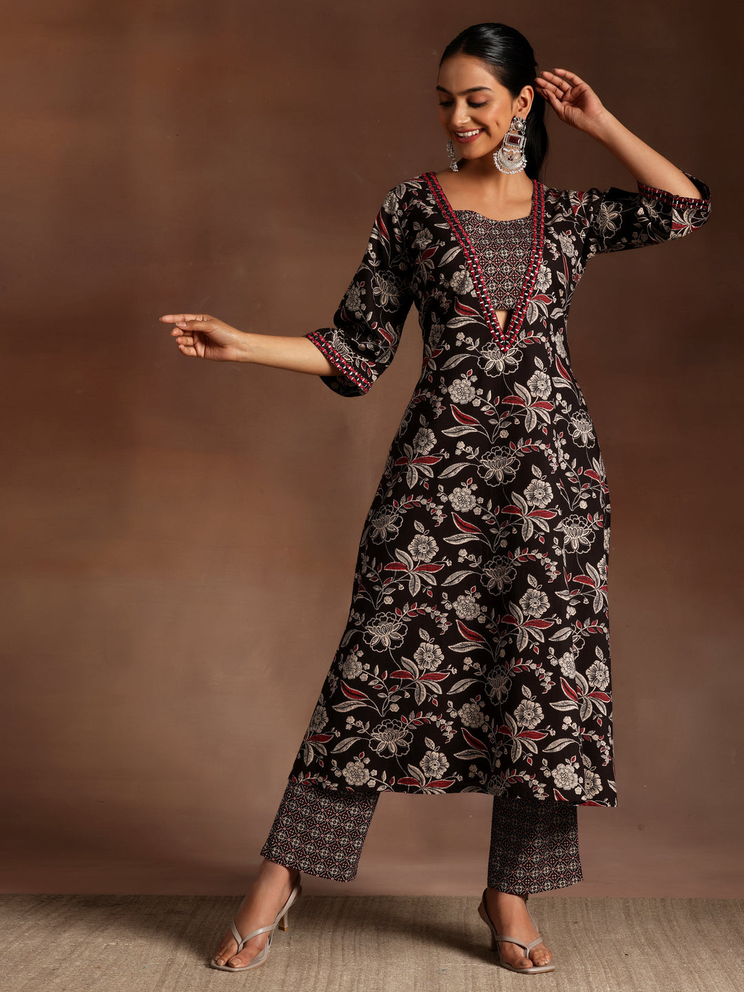 Black Printed Cotton A-Line Kurta With Palazzos