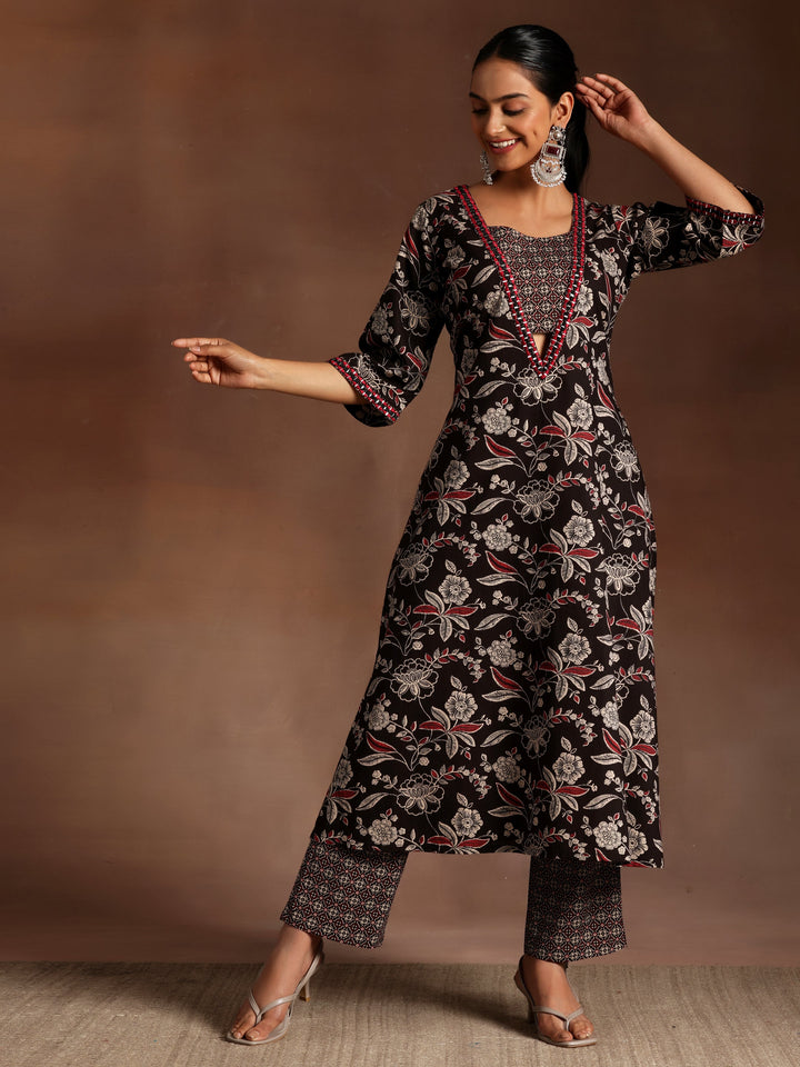 Black Printed Cotton A-Line Kurta With Palazzos