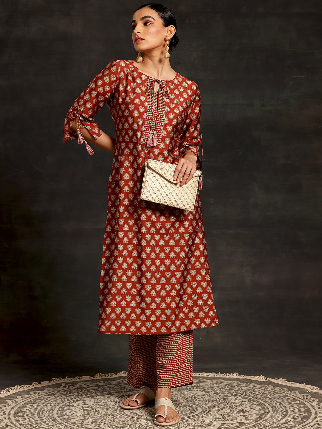 Rust Printed Silk Blend Straight Kurta Set