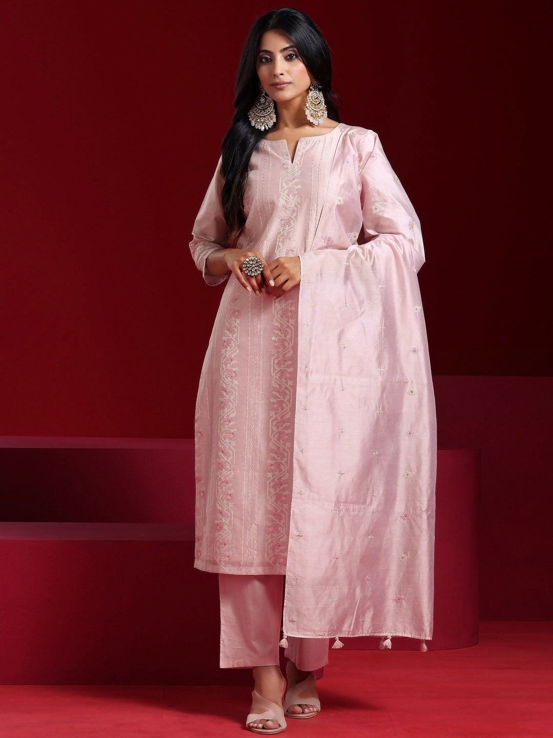 Libas Art Pink Embroidered Chanderi Silk Straight Suit With Dupatta