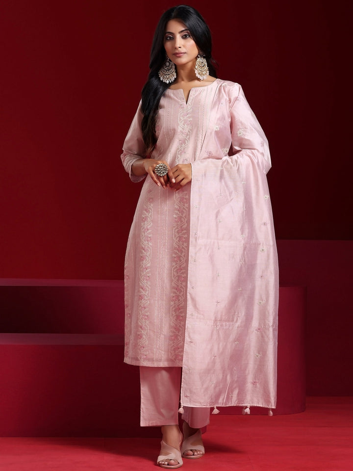 Libas Art Pink Embroidered Chanderi Silk Straight Suit With Dupatta