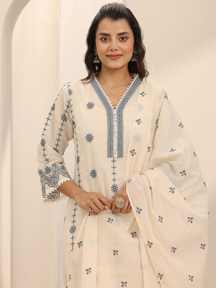 Off White Embroidered Cotton Straight Suit Set With Dupatta