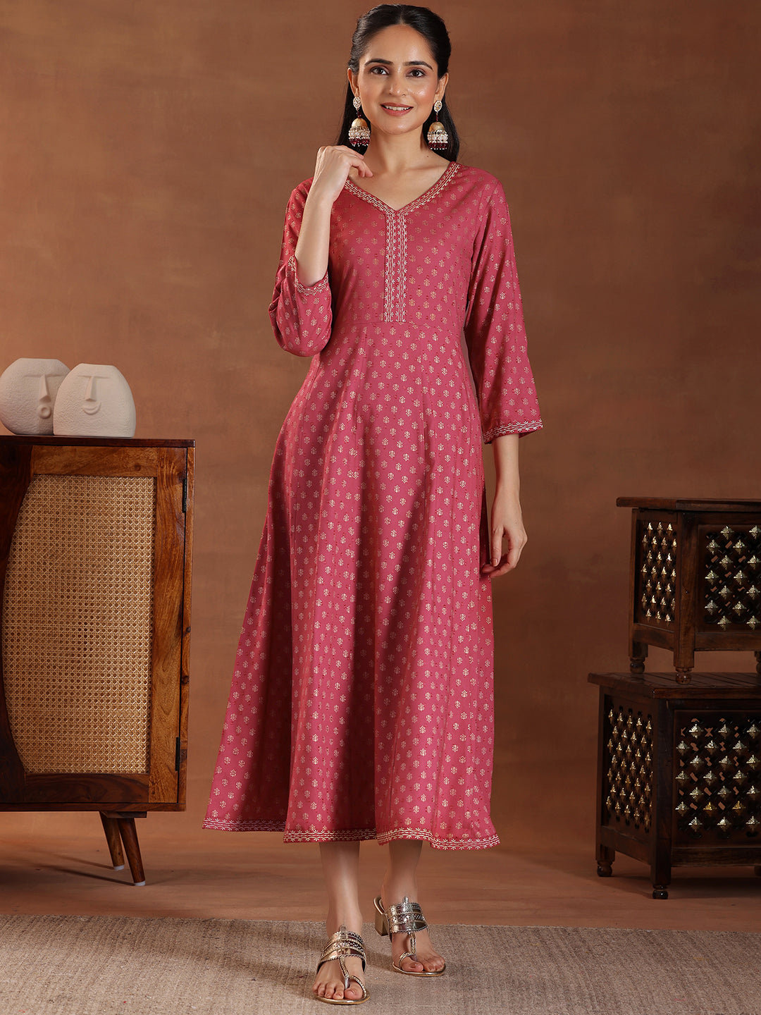 Pink Printed Cotton A-Line Dress