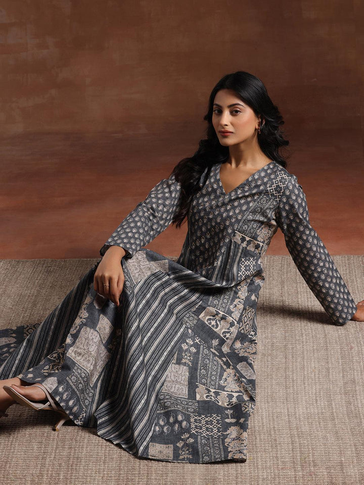 Grey Printed Cotton Blend A-Line Dress