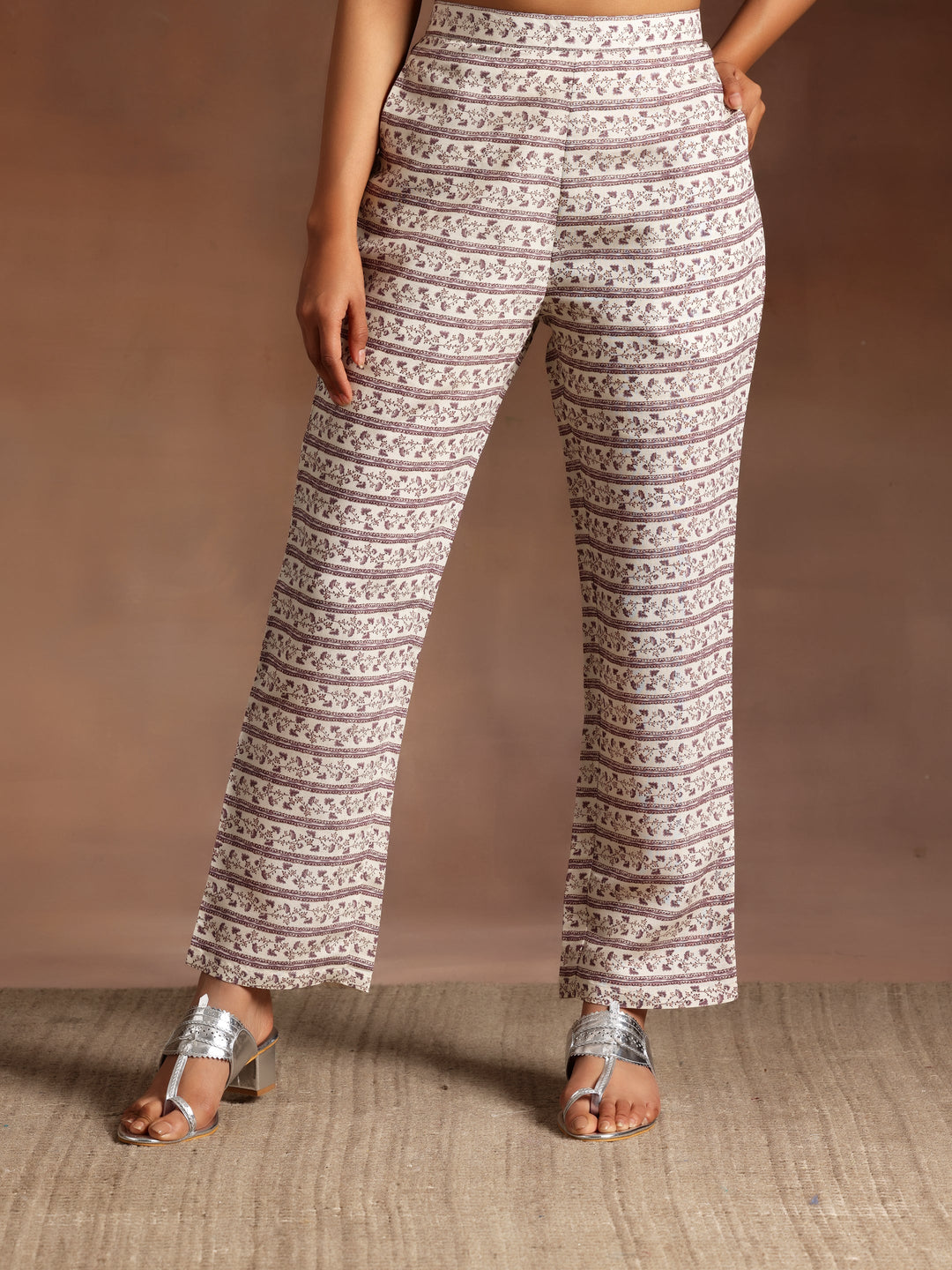 Off White Printed Silk Blend A-Line Kurta With Palazzos & Dupatta