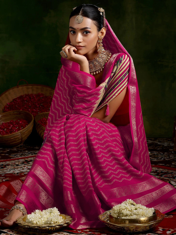 Pink Printed Silk Blend Saree With Unstitched Blouse Piece