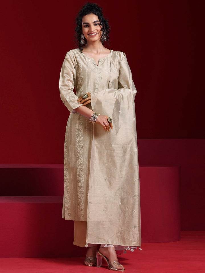 Libas Art Grey Embroidered Chanderi Silk Straight Suit With Dupatta