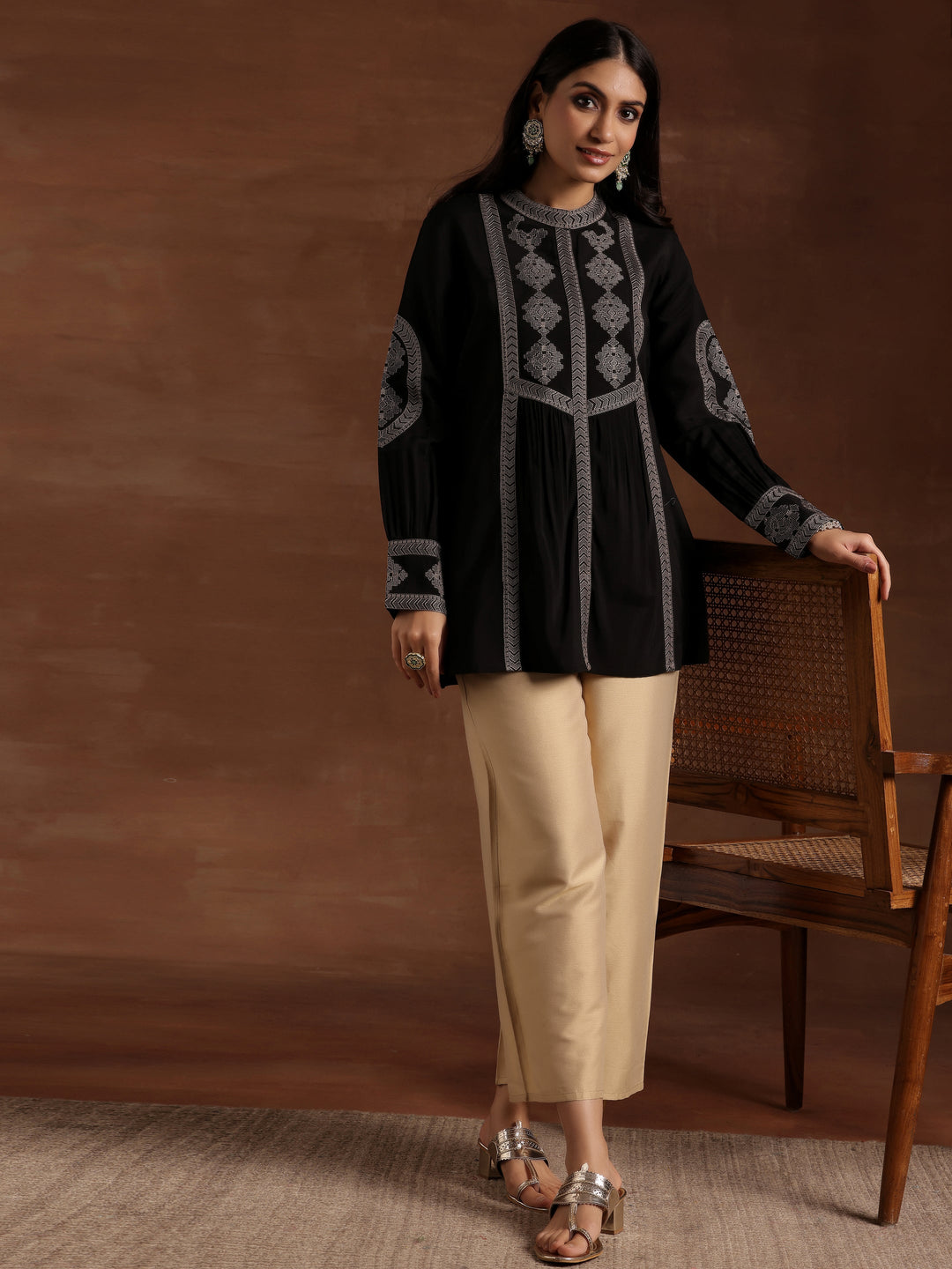 Beige Solid Silk Palazzos