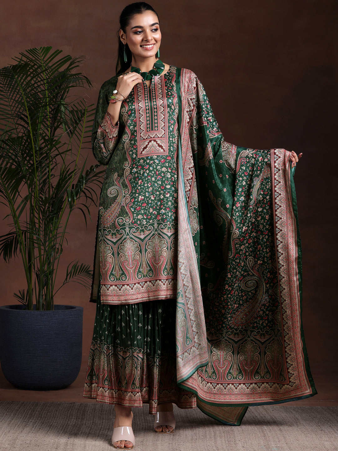 Green Printed Silk Blend Straight Suit With Dupatta