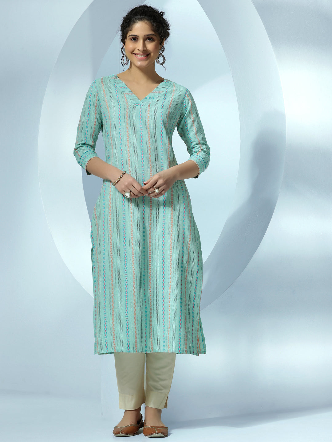 Sea Green Woven Design Cotton Straight Kurta