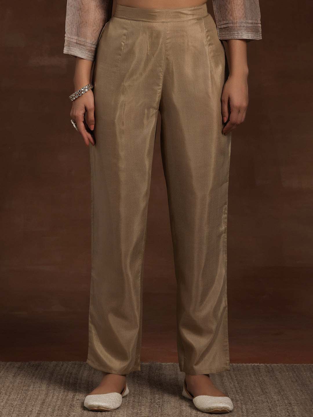 Tan Printed Organza Straight Suit With Dupatta