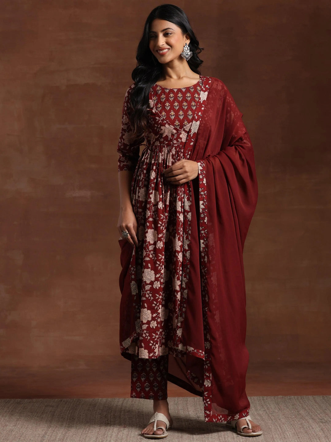 Maroon Printed Pure Cotton Anarkali Suit With Dupatta