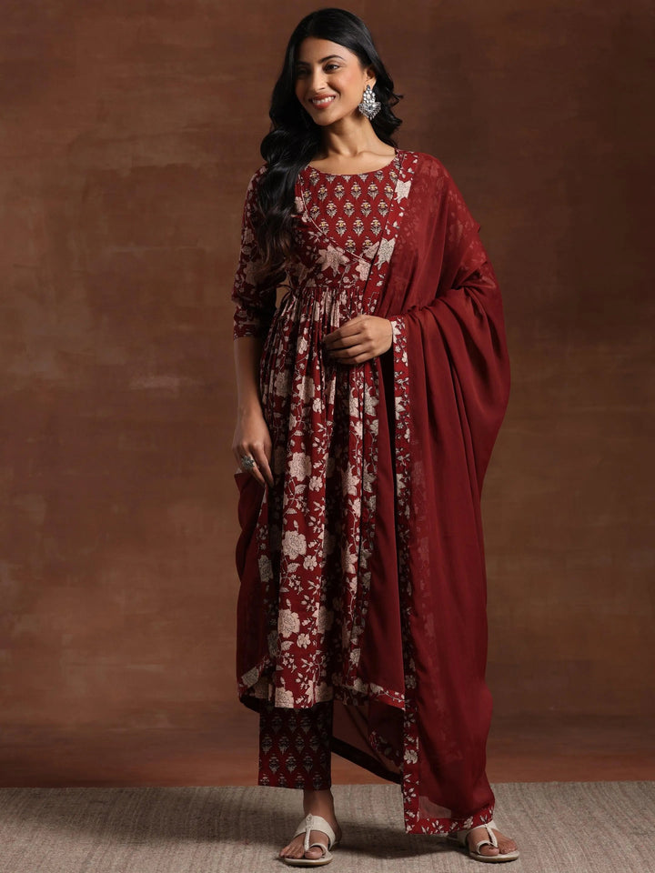 Maroon Printed Pure Cotton Anarkali Suit With Dupatta