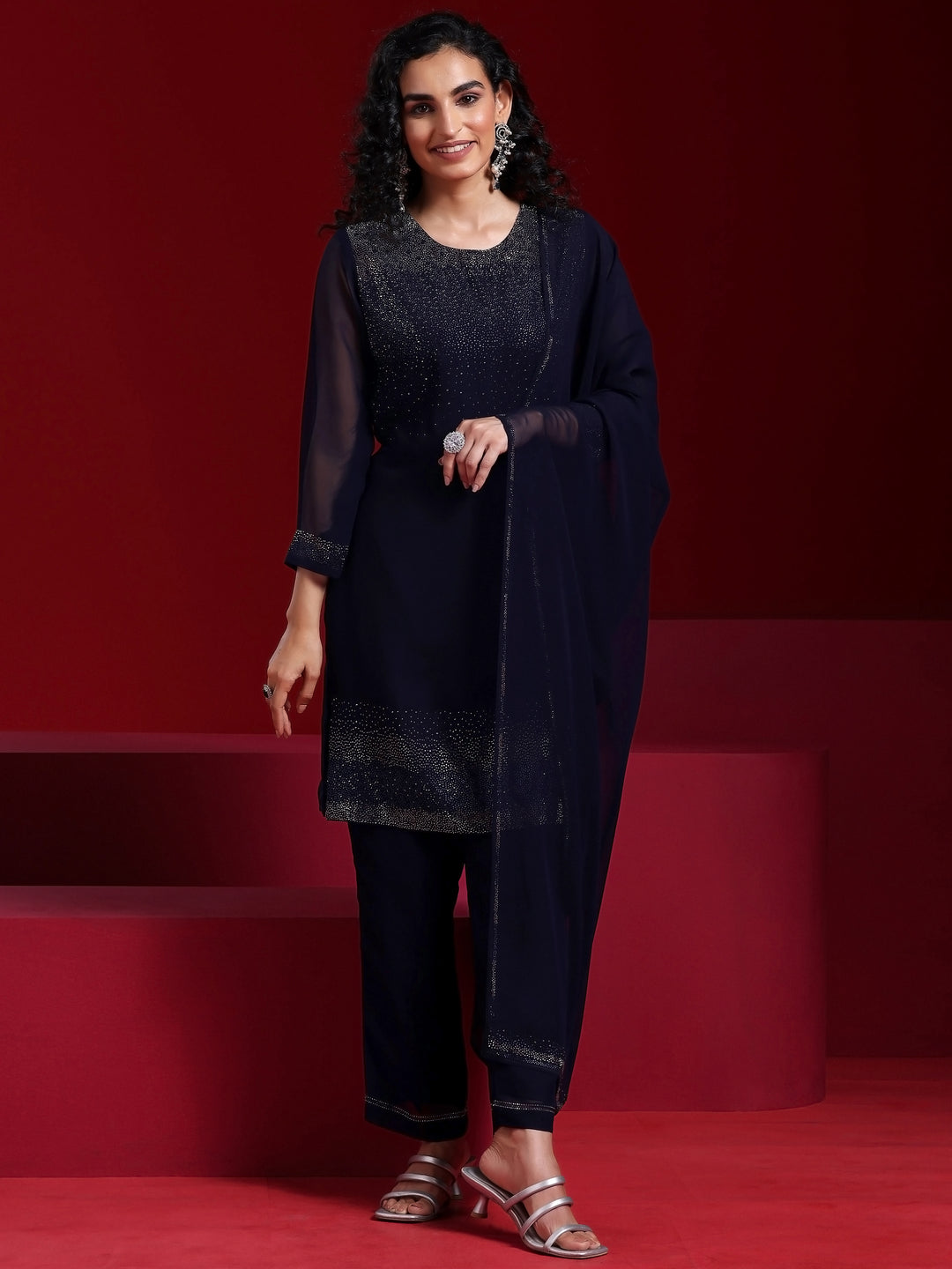 Libas Art Blue Solid Georgette Straight Suit With Dupatta