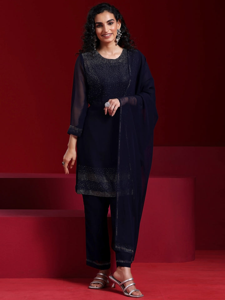 Libas Art Blue Solid Georgette Straight Suit With Dupatta