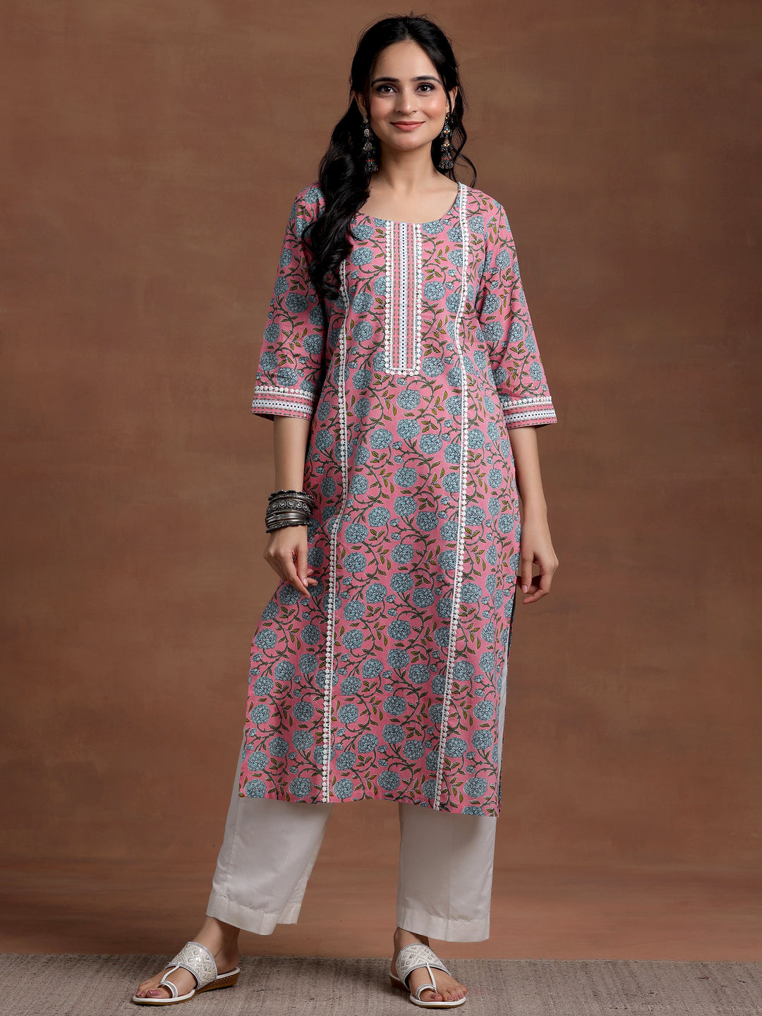 Pink Printed Cotton Straight Kurta