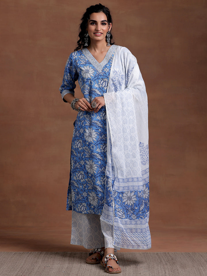 Blue Printed Cotton Straight Suit With Dupatta