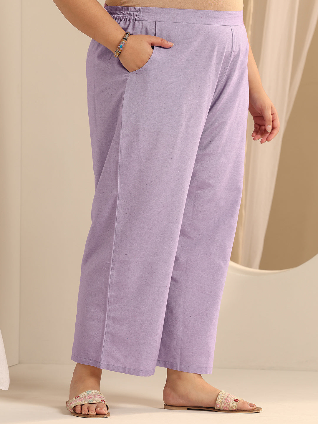 Plus Size Lavender Woven Design Cotton Blend Straight Suit Set With Dupatta
