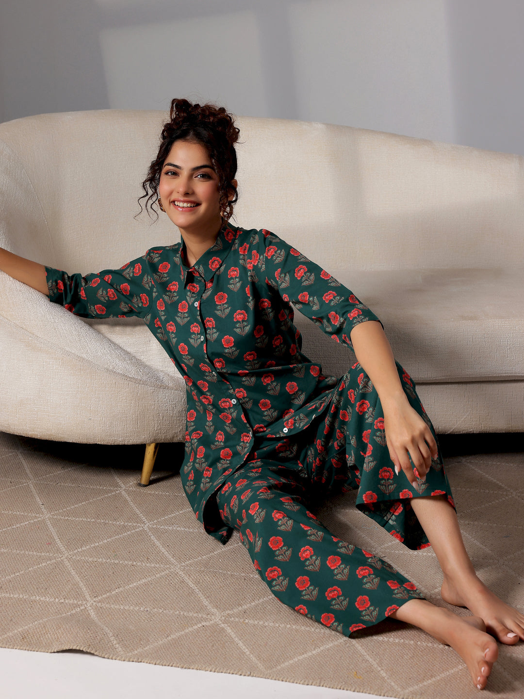 Green Printed Cotton Night Suits