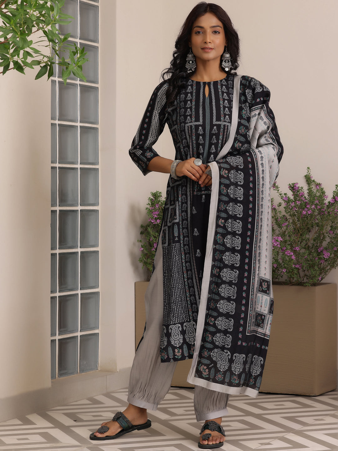 Black Printed Silk Blend Straight Suit With Dupatta