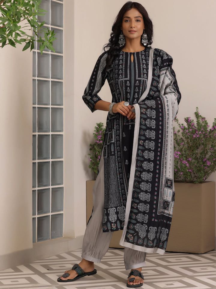 Black Printed Silk Blend Straight Suit With Dupatta