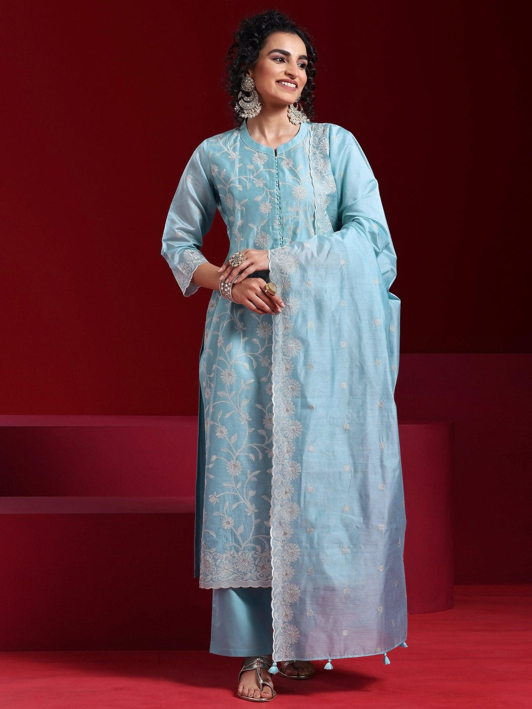 Libas Art Blue Embroidered Chanderi Silk Straight Suit With Dupatta