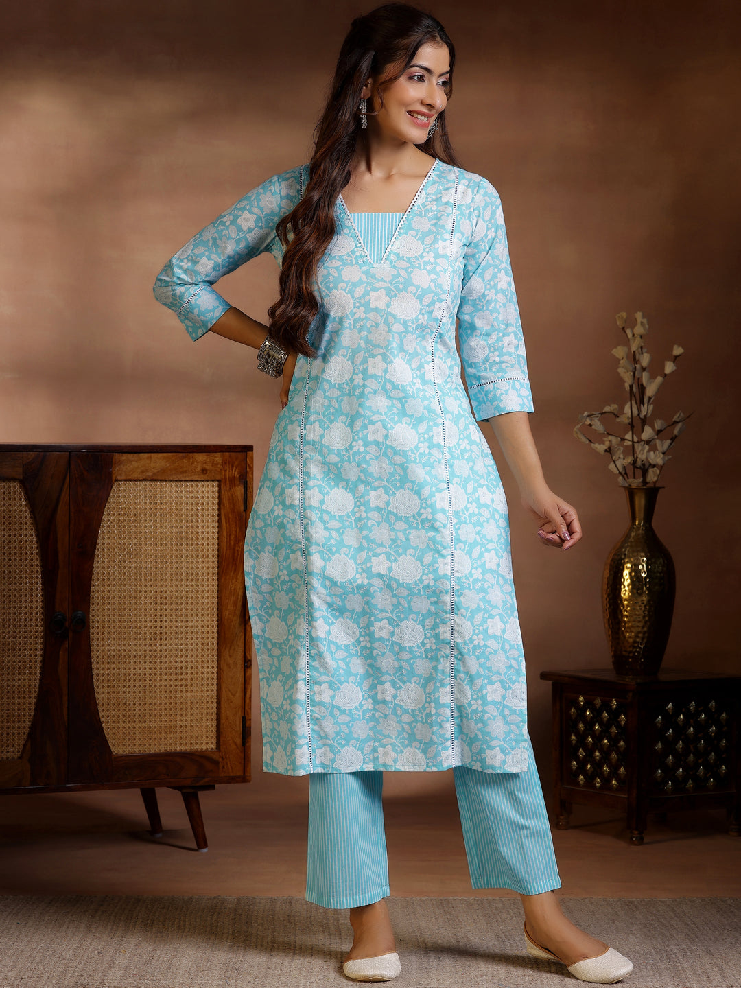 Blue Printed Cotton Straight Kurta Set
