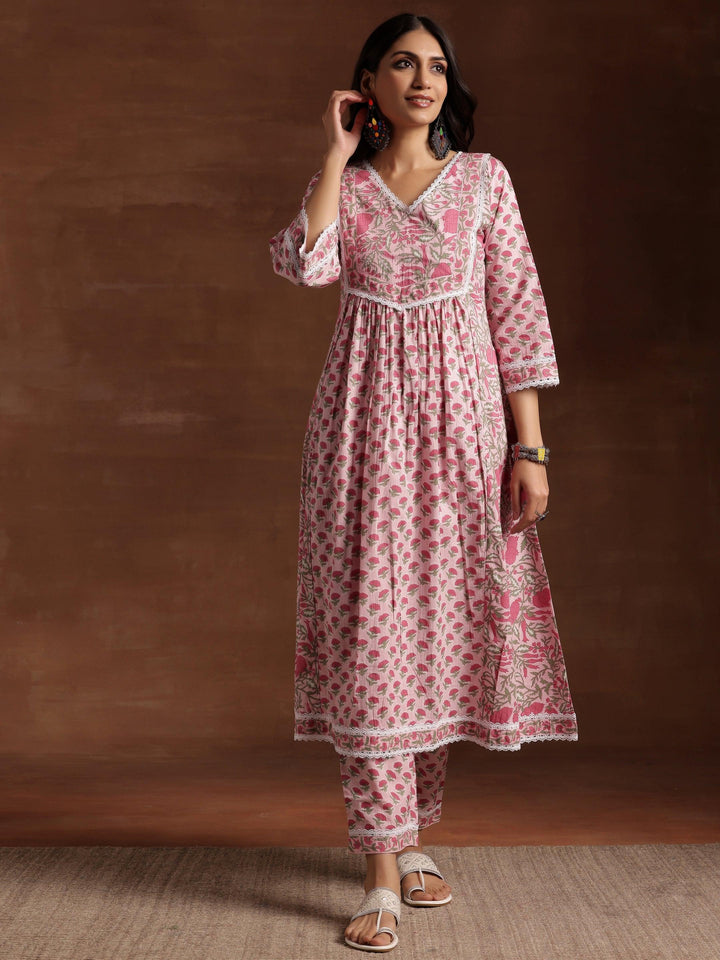 Pink Printed Cotton A-Line Kurta With Palazzos