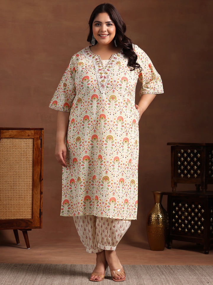 Plus Size Off White Printed Cotton Straight Kurta With Salwar