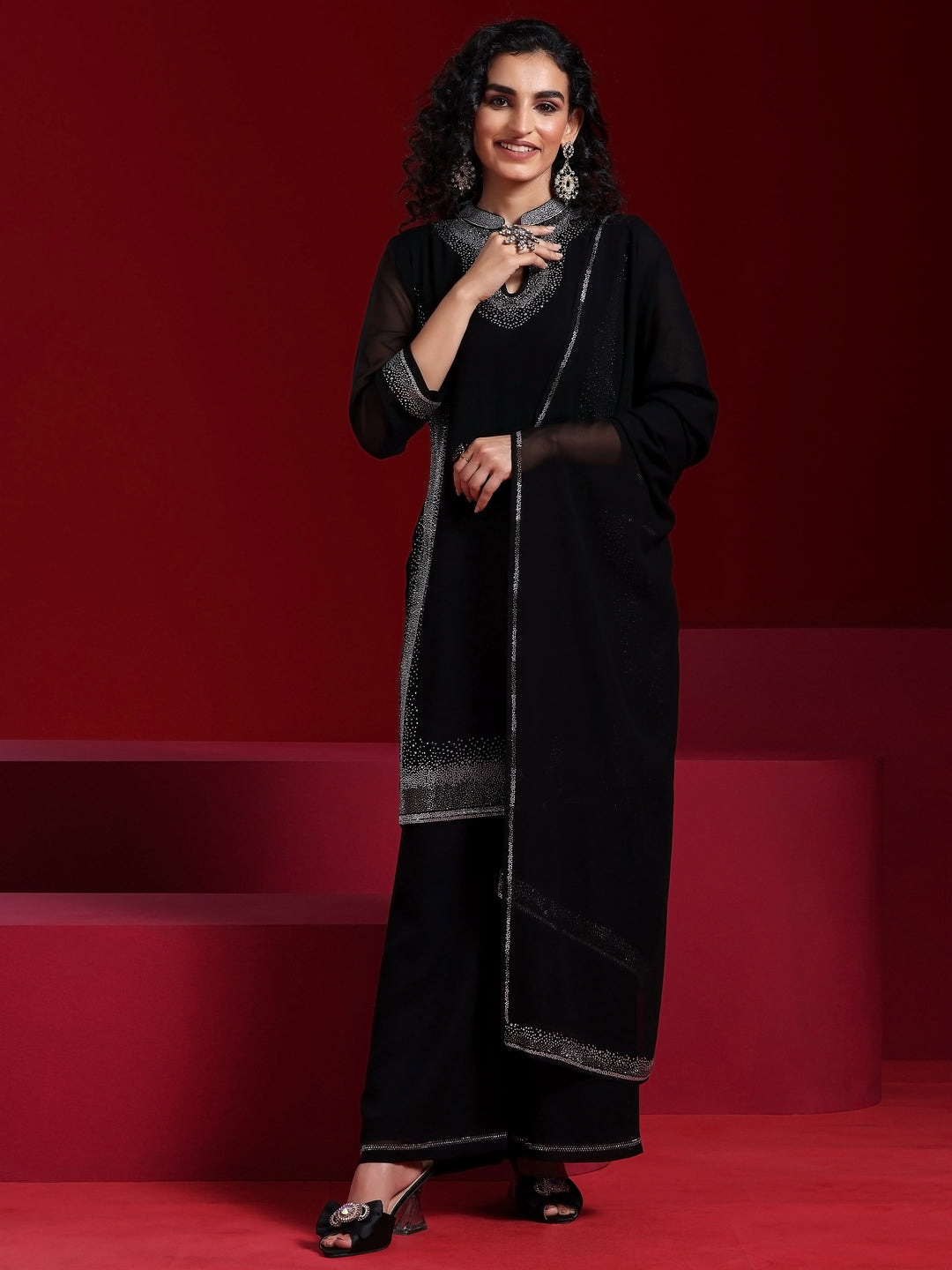 Libas Art Black Yoke Design Georgette Straight Suit With Dupatta
