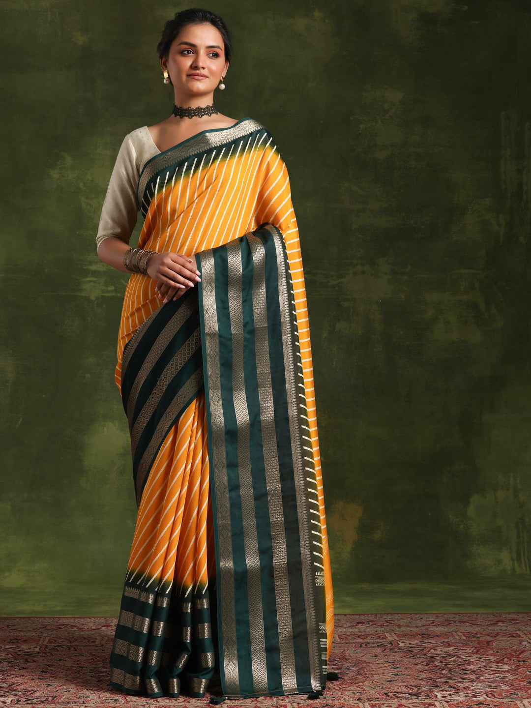 Mustard Printed Silk Blend Saree With Unstitched Blouse Piece - Libas