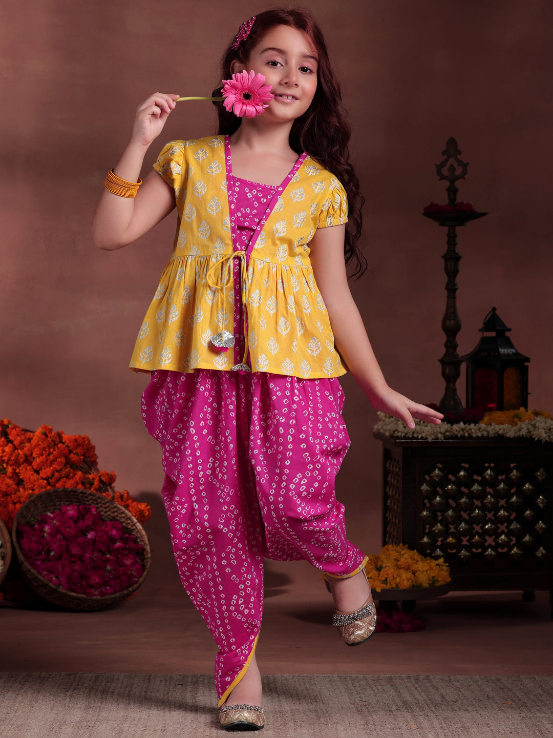 Kids Pink Printed Cotton 3 Piece Co-Ords