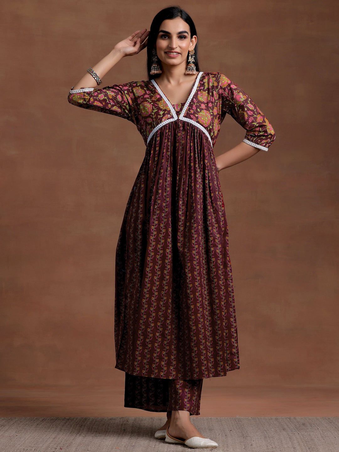 Rust Printed Cotton A-Line Kurta With Palazzos
