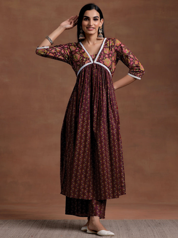 Rust Printed Cotton A-Line Kurta With Palazzos